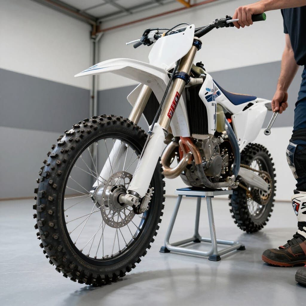 Motocross Rider Repairs Bike in Large Garage