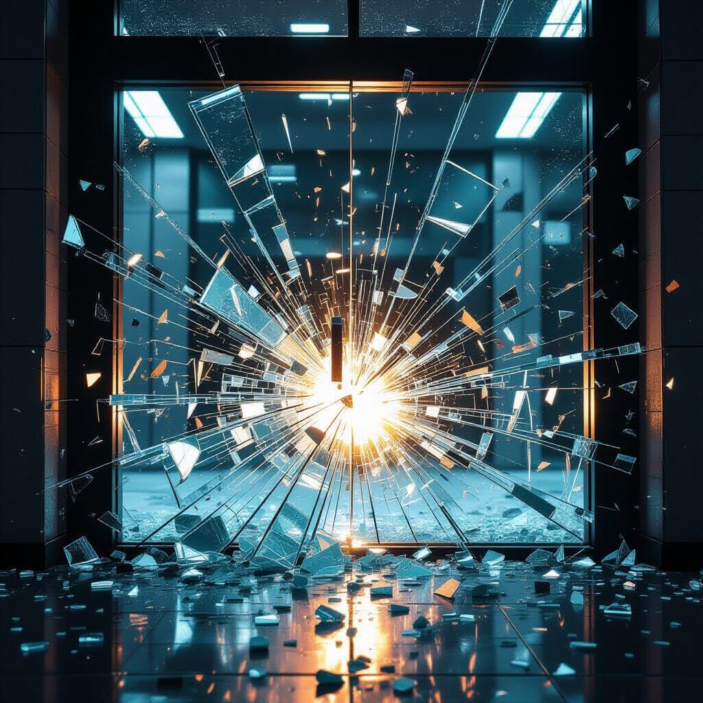 Exploding Shattered Glass Door in Futuristic Style