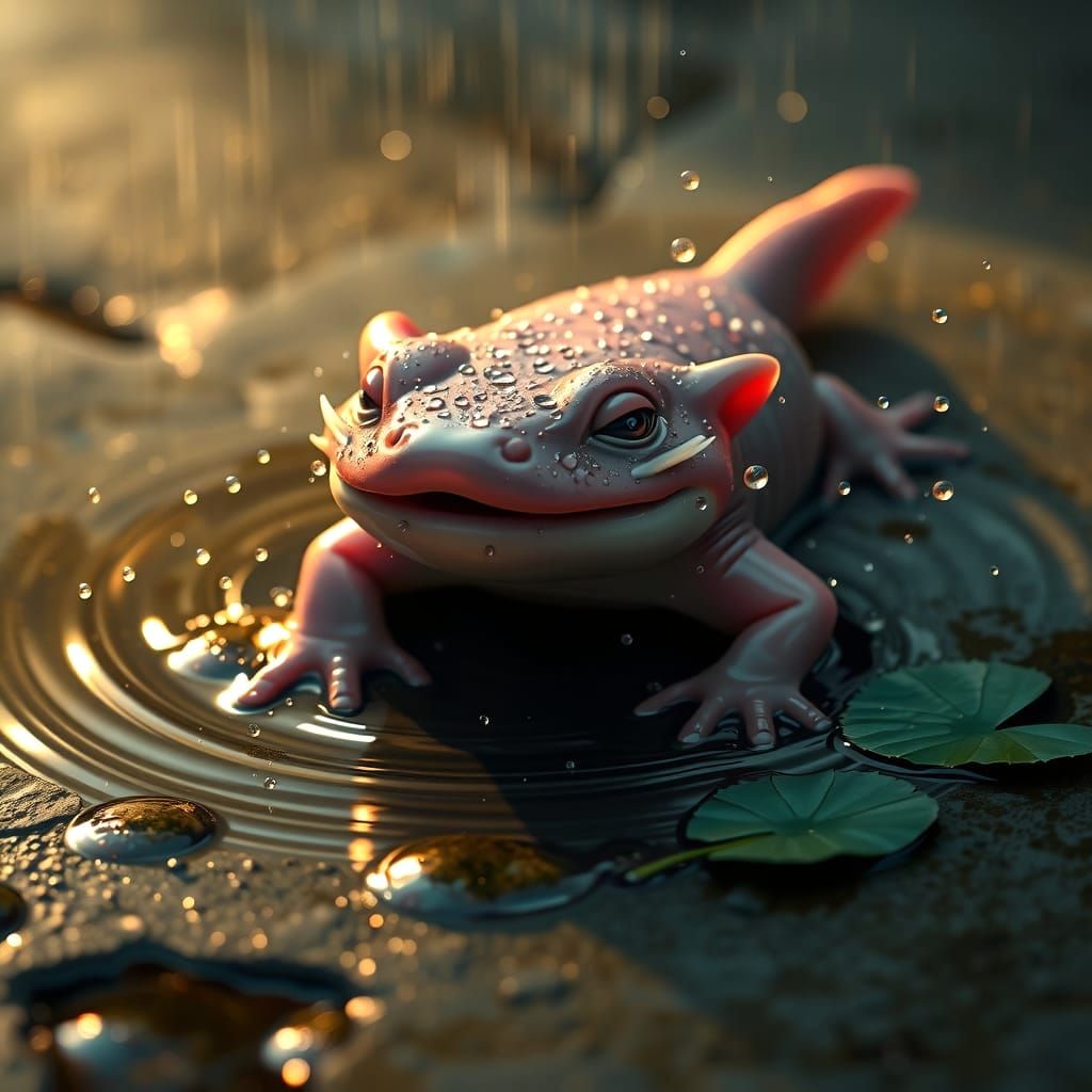 Hyperrealistic Axolotl in Rainy Puddle
