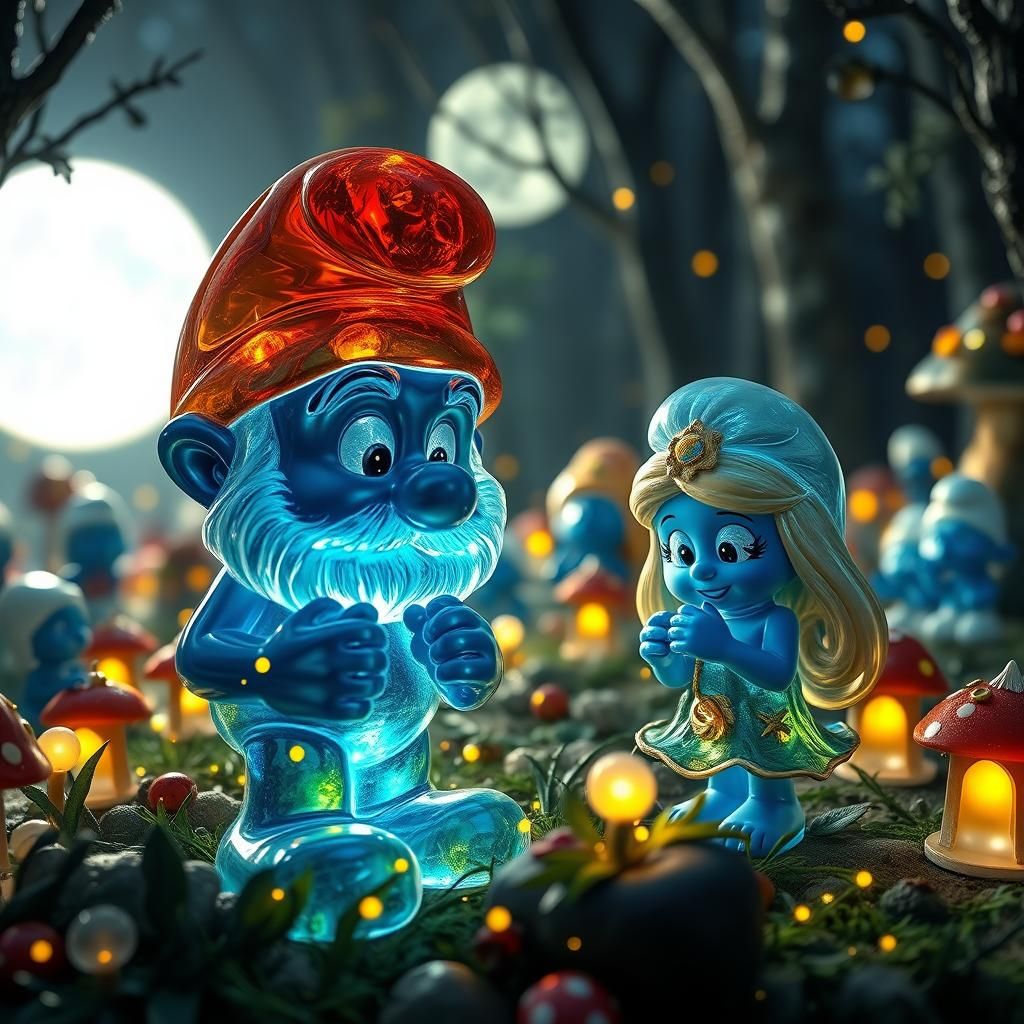 Ethereal Glass Sculpture of Smurfs in Mystical Forest