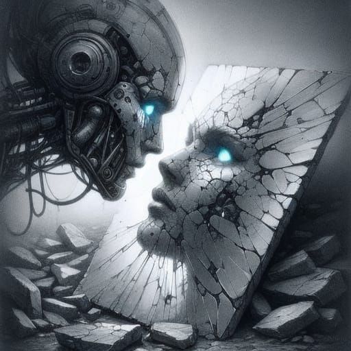 Surreal Graphite Robot Contemplates Fractured Reflection in ...