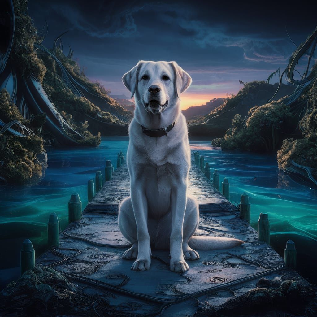 Silver Labrador on Mystical Dock in Matte Painting