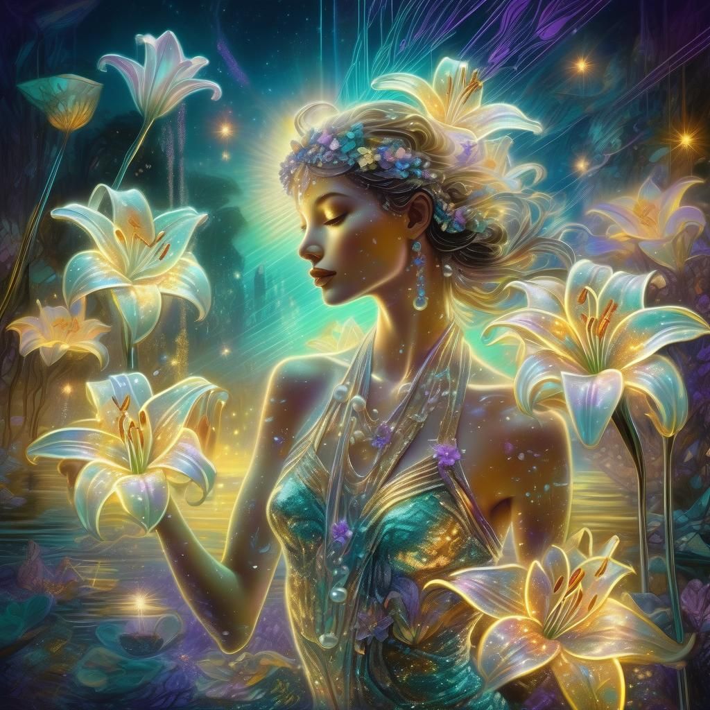 Stardust Woman with Neon Lights and Lilies