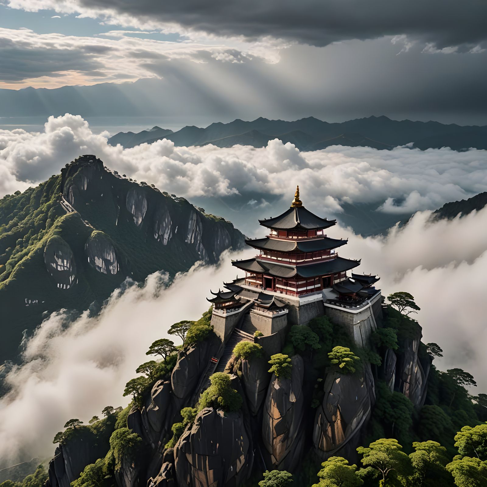 Mountain Temple Revealed Through Clouds in Bird's-Eye View