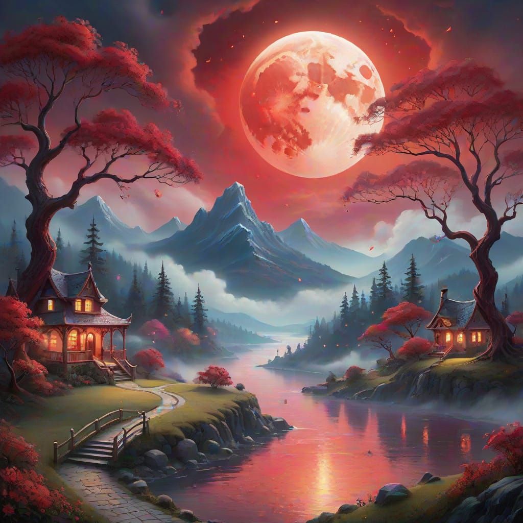 Dreamlike Landscape Under a Vibrant Blood Moon