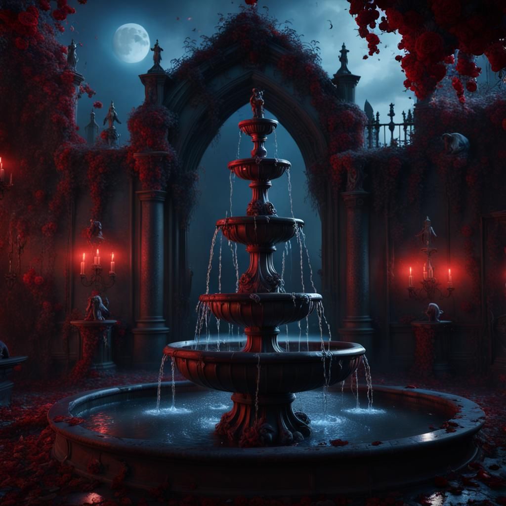 Victorian Gothic Fountain in Spooky Night Scene