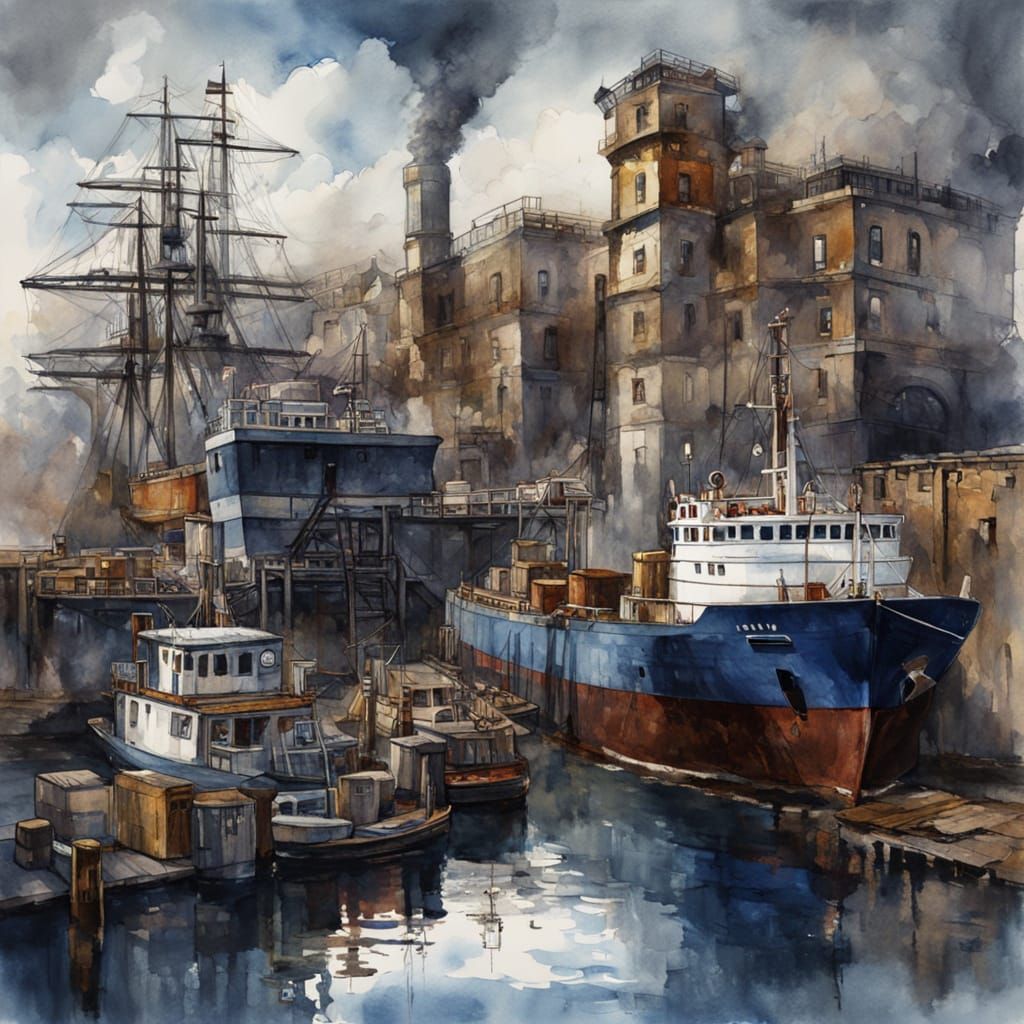 Atmospheric Watercolour of an Old-Fashioned Harbour