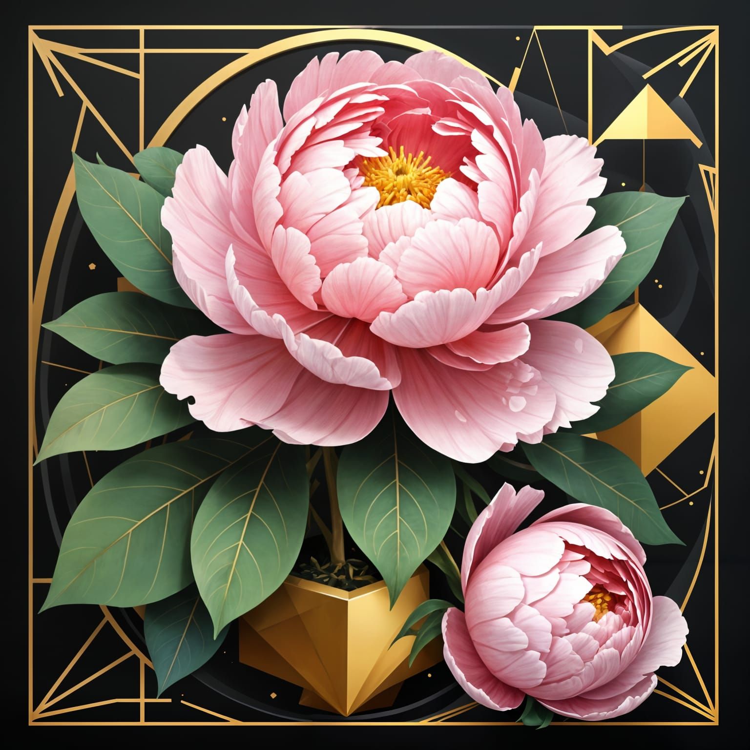 Peonies Bloom From Geometric Wireframes in Watercolor Style