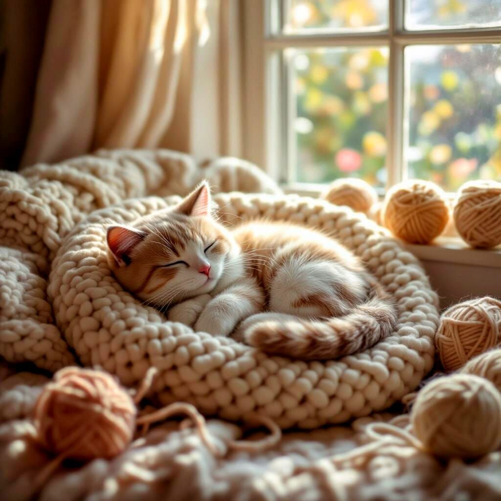 Cute Felted Cat Curled on Knitted Cushion