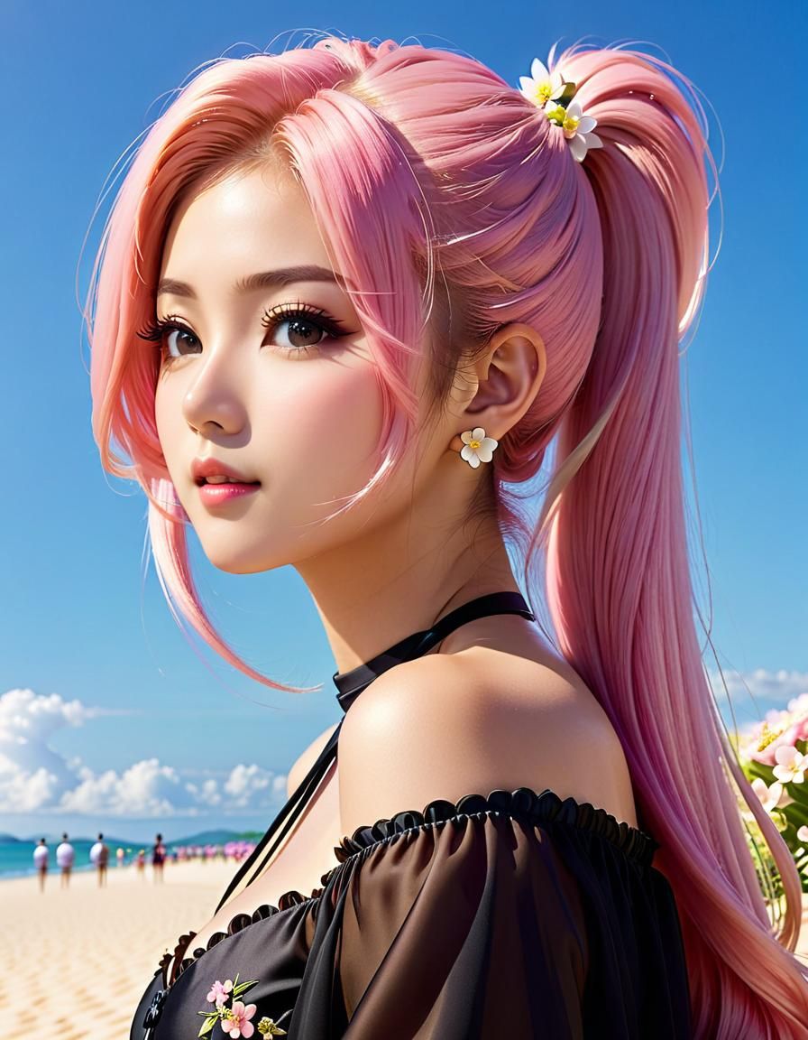 Gorgeous Japanese Woman with Pink Hair on Beach
