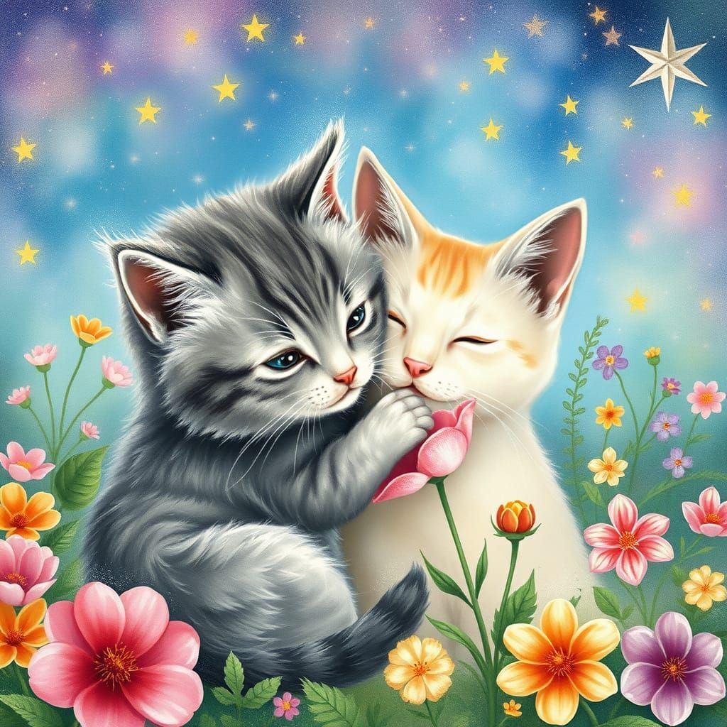 Whimsical Watercolor Kitten and Mom in Celestial Garden