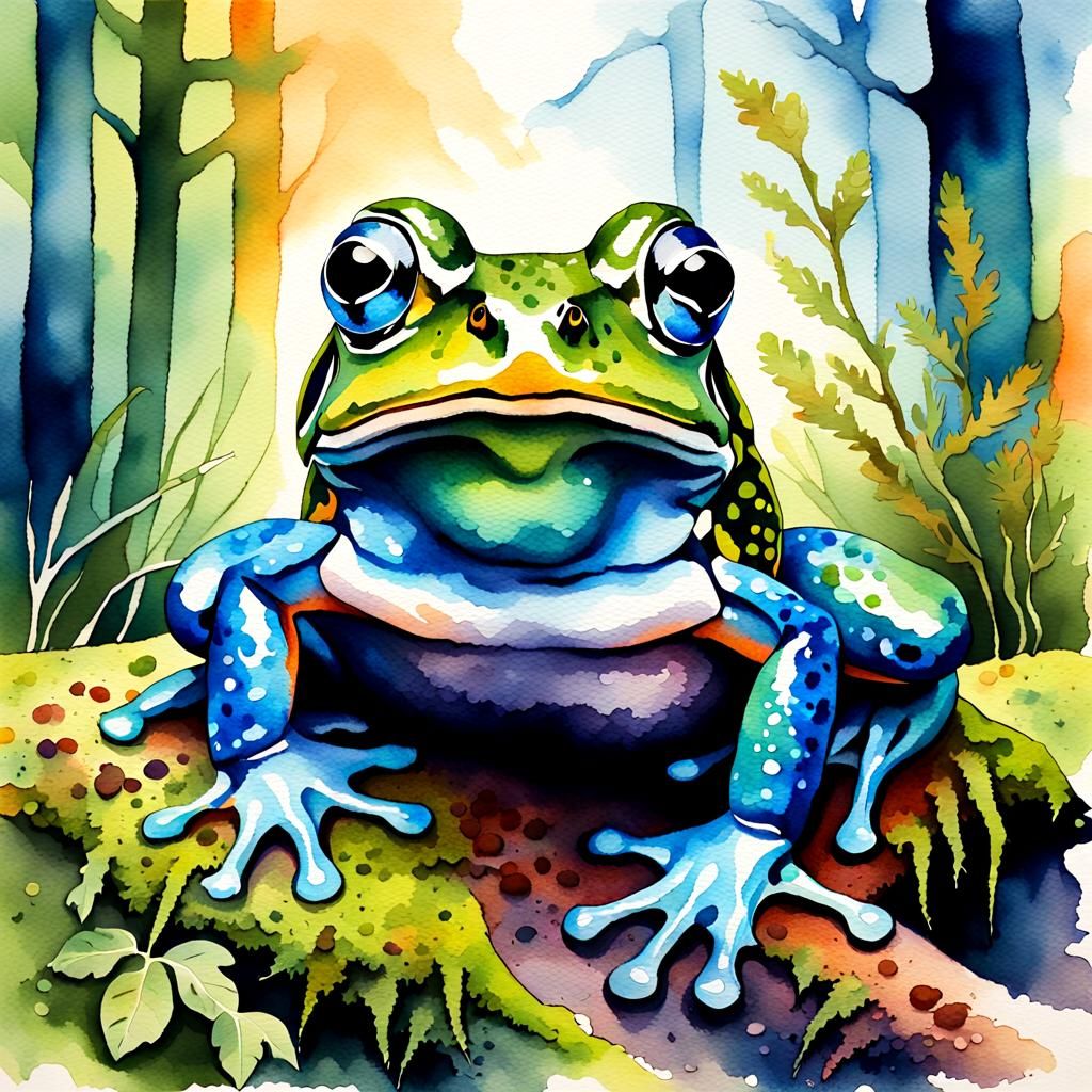 Watercolor Frog on Moss in Expressionist Style