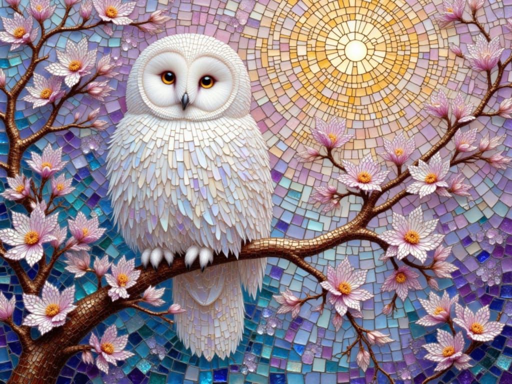 Fluffy White Owl in a Mosaic Fairy Tale Landscape