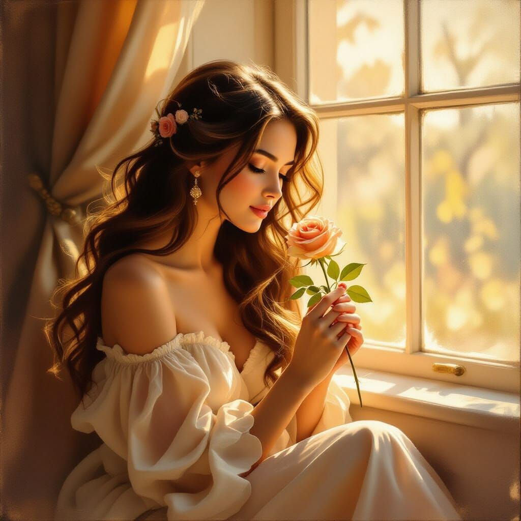 Ethereal Oil Painting of Woman by Window with Rose
