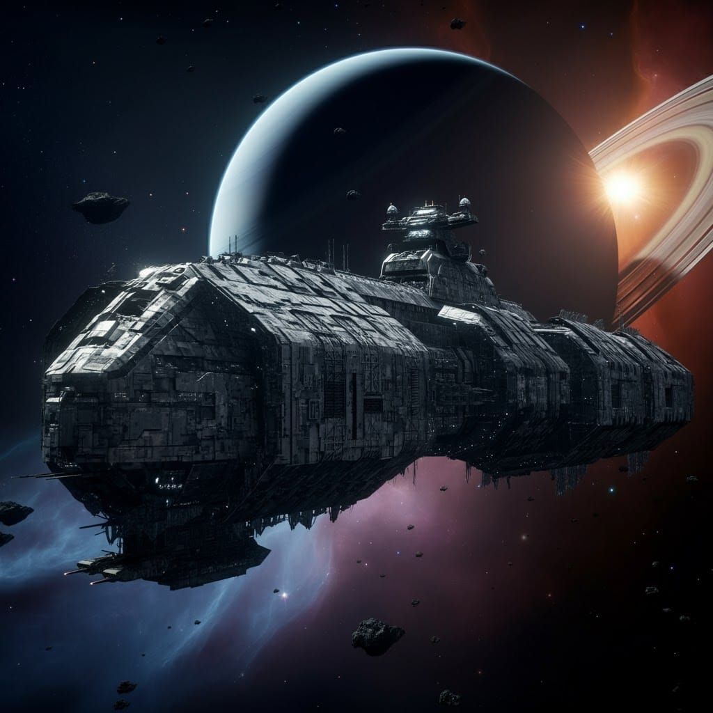 Futuristic Spaceship Junker with Saturn Nebula Background