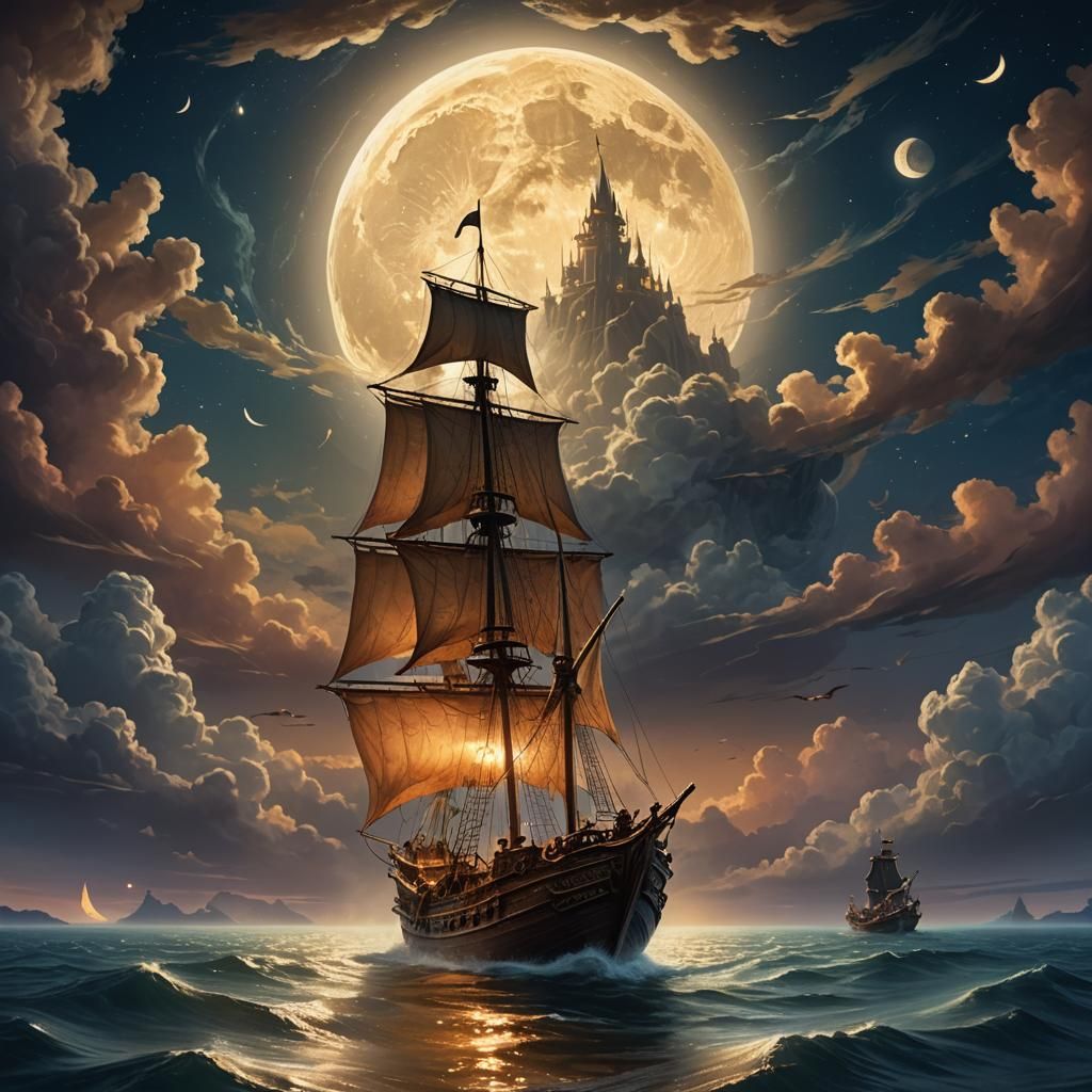 Wizard Sailing Mystical Vessel Under Moonlight
