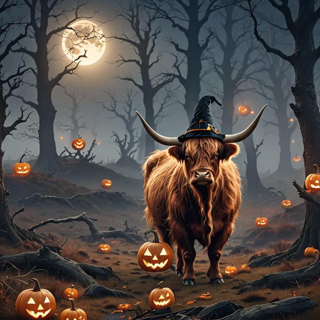 Halloween Highland Cow in Misty Scottish Moor