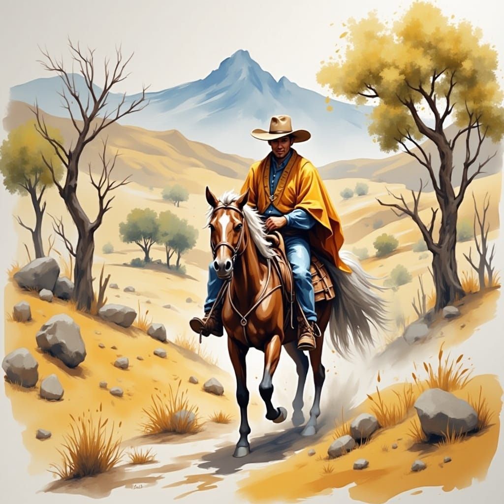 Impressionistic Vaquero on Horseback Watercolor Painting