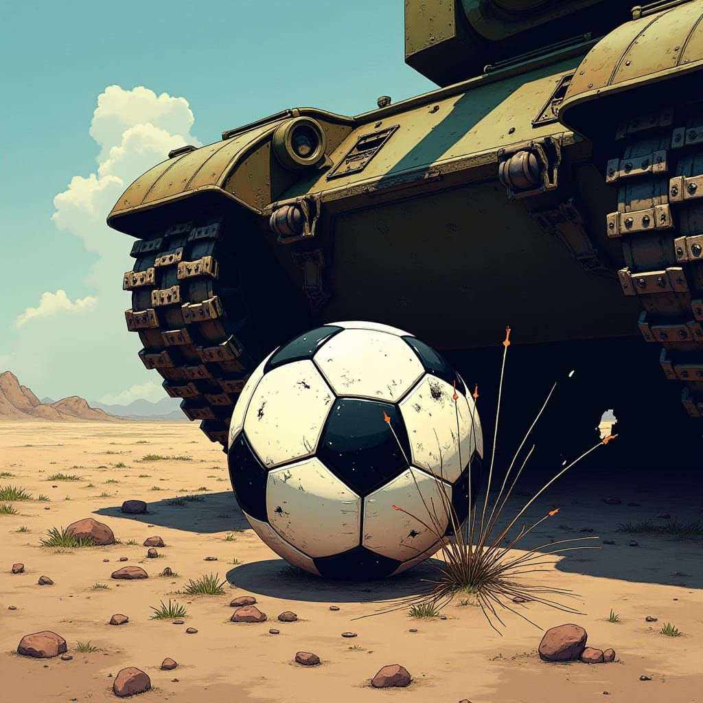 Crushed Soccer Ball Under Tank in Comic Book Style