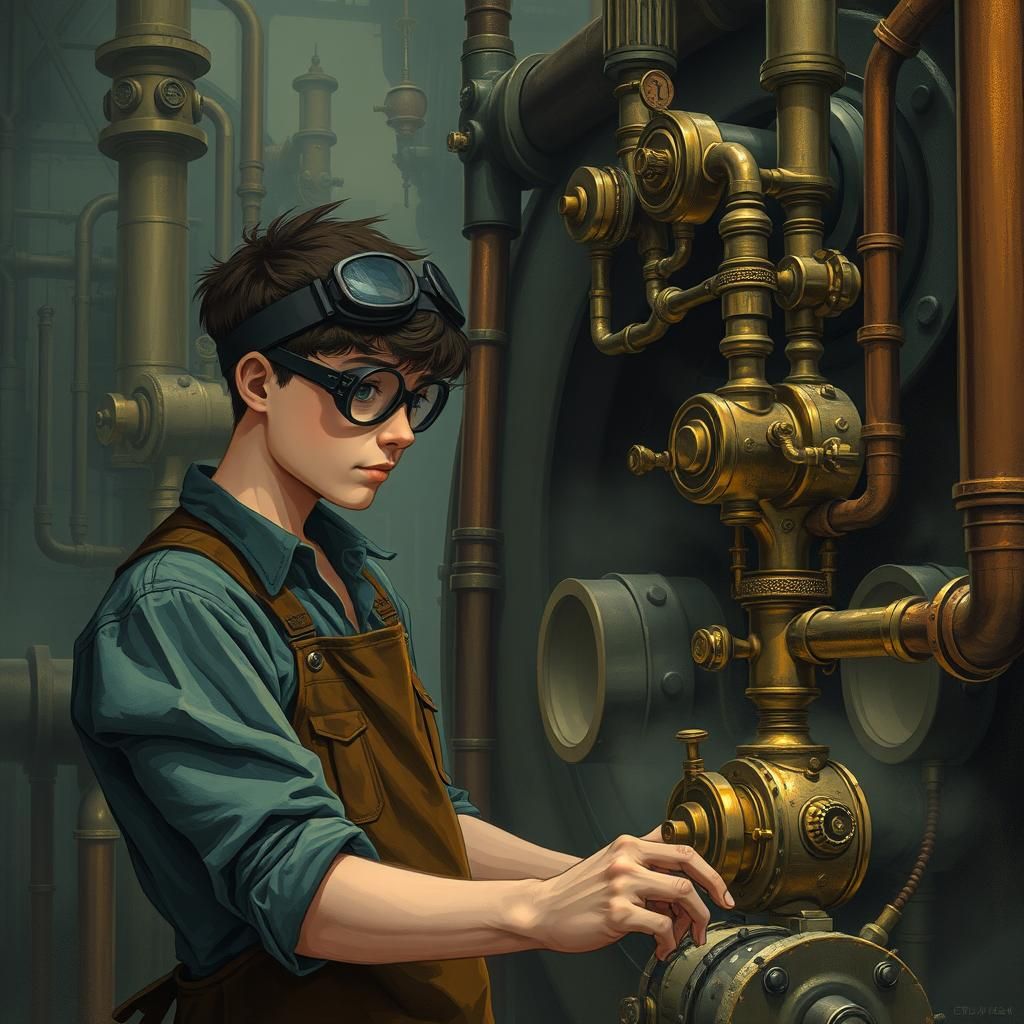Steampunk Mechanic Tinkering with Engine Components