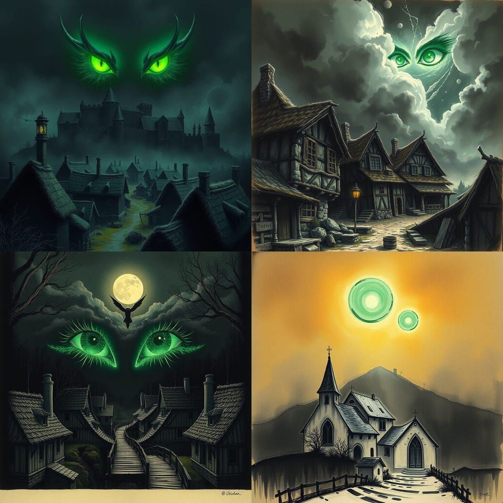 Ethereal Emerald Eyes Over Medieval Village
