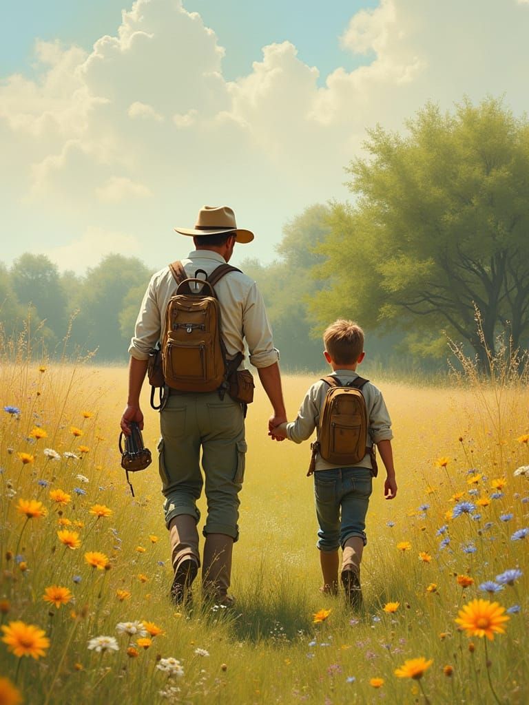 Father and Son Stroll Through Sunlit Meadow