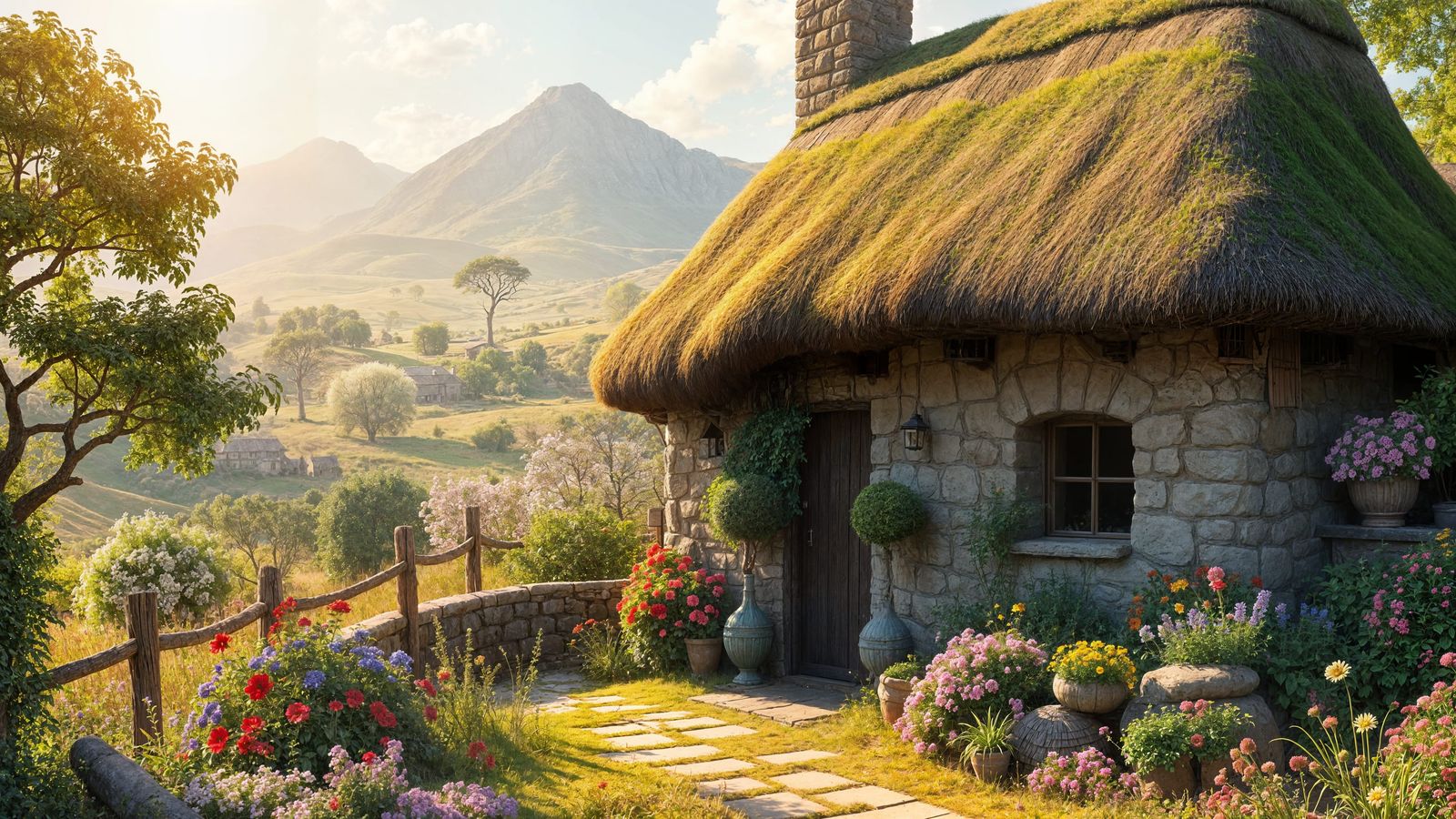 Whimsical Rustic Cottage Amidst a Flourishing Village Garden
