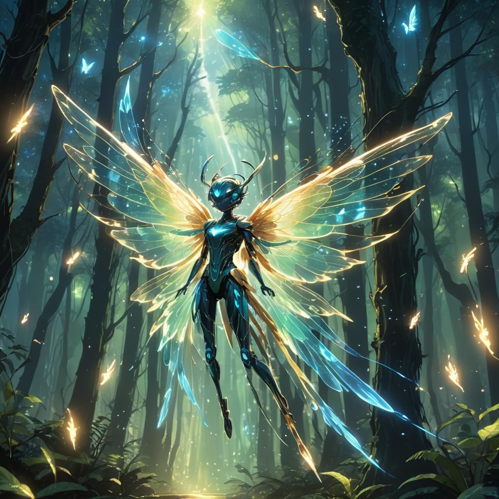 Picture a small, ethereal creature with delicate, translucent wings that shimmer in vibrant hues of blue and green. Its ...