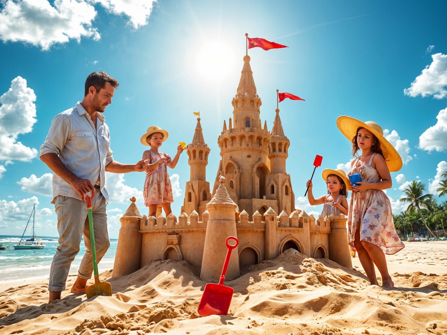 Family building a sandcastle