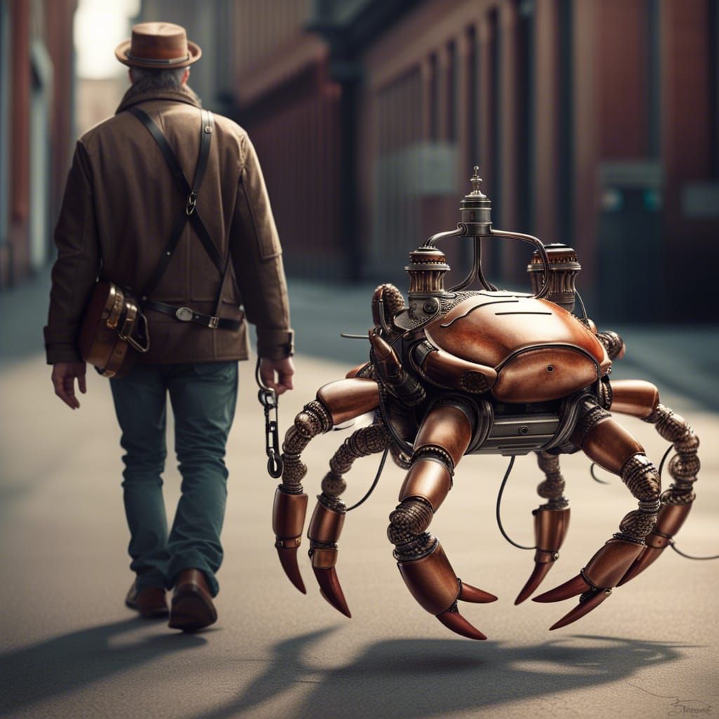 Man Walks Steampunk Crab: Photorealistic AI Image
