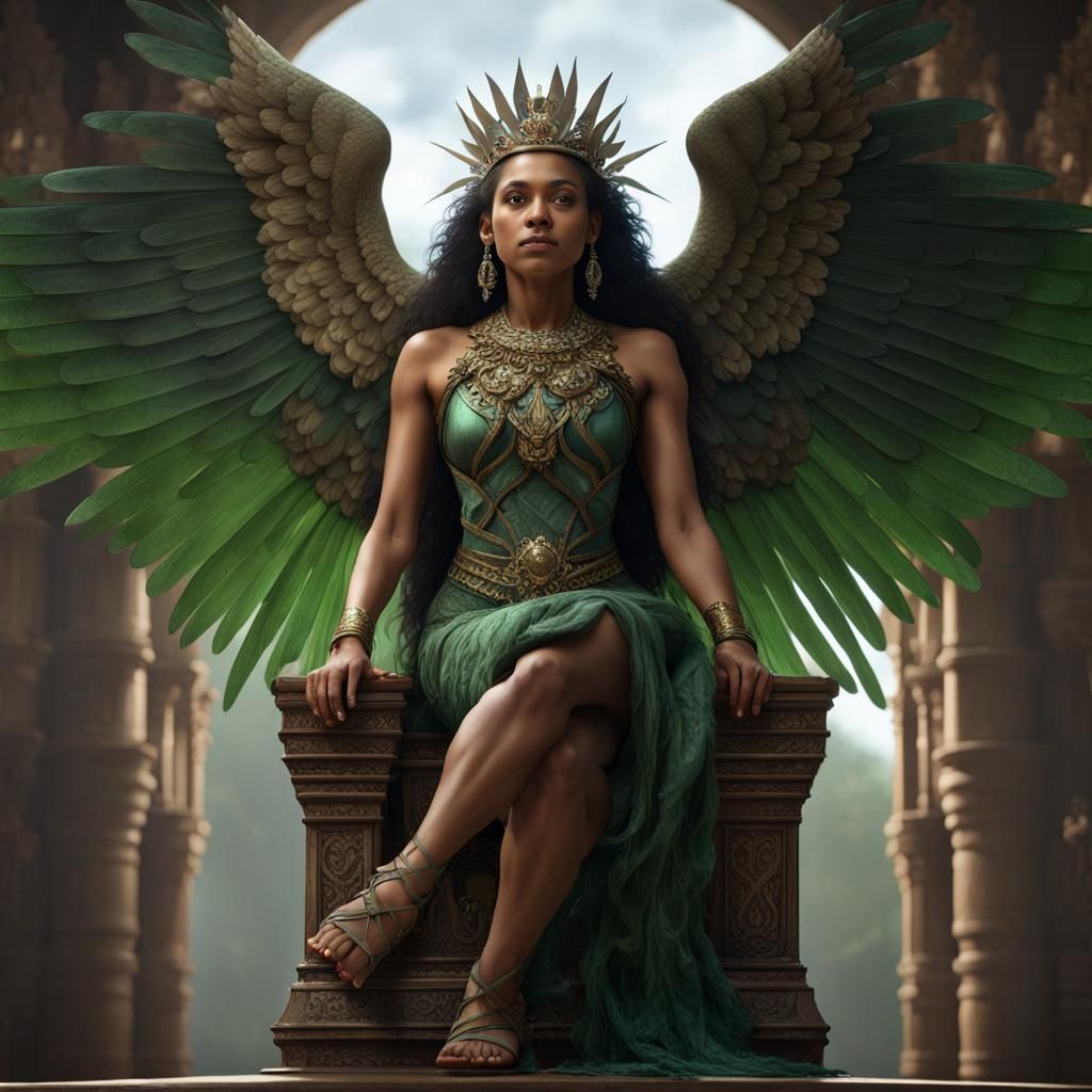 Amerindian Woman with Wings on Scale Throne