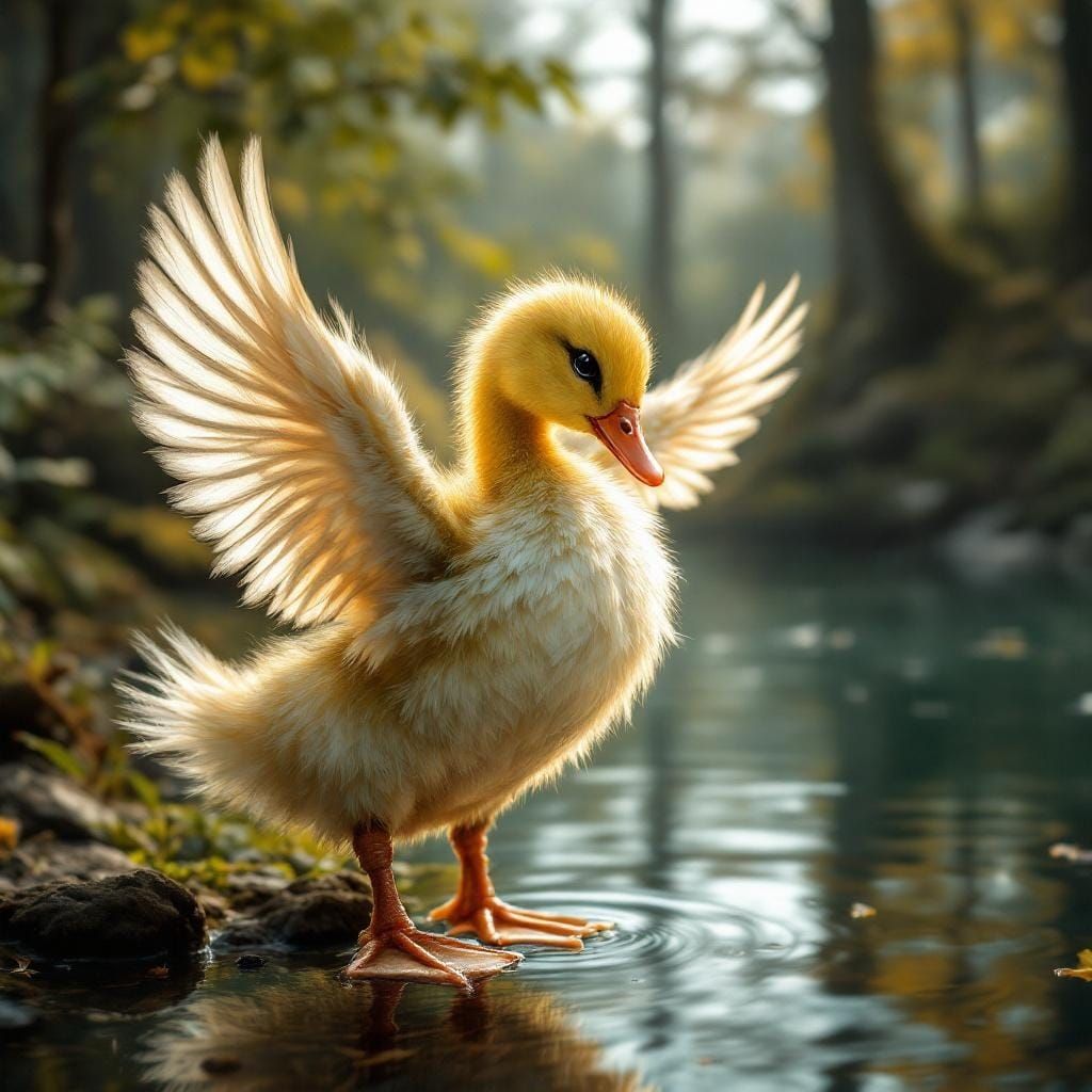 Dancing Duckling by Forest Lake in Hyperrealistic Style