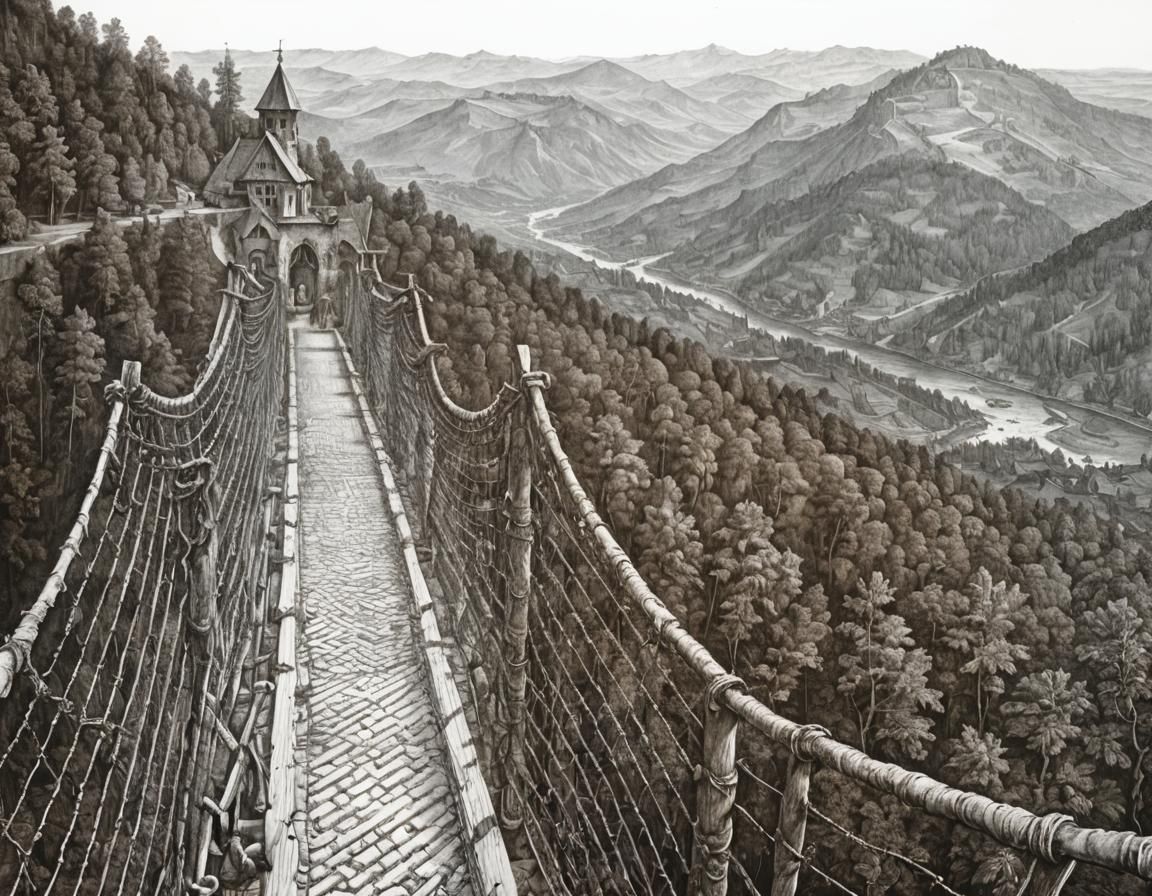 Rope Bridge in Hyperdetailed Charcoal Drawing