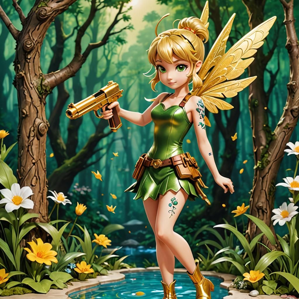 Hyperbeautiful,The manga artist (((3d pop-up book))), a  pointing a  ((Hyperdetailed golden gun with a swimming tattoo h...