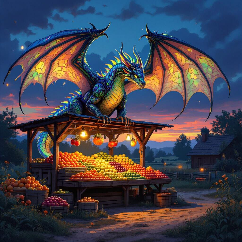 Bioluminescent Dragon Guardian of Exotic Fruits