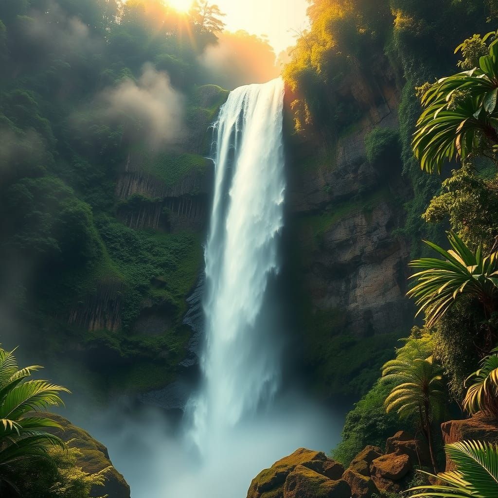 Tropical Waterfall Oasis in Dreamy Light