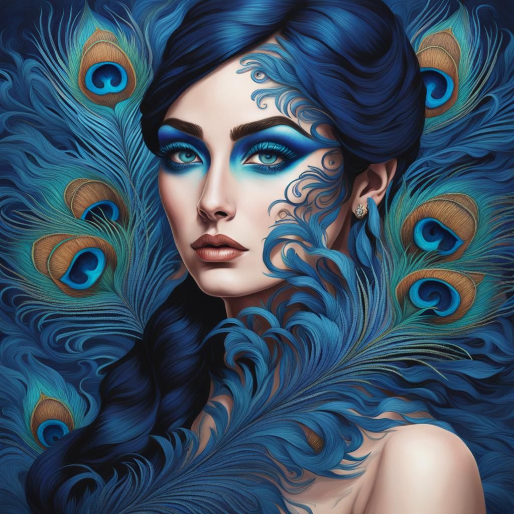Sophisticated Portrait with Blue Eyeliner and Peacock Patter...