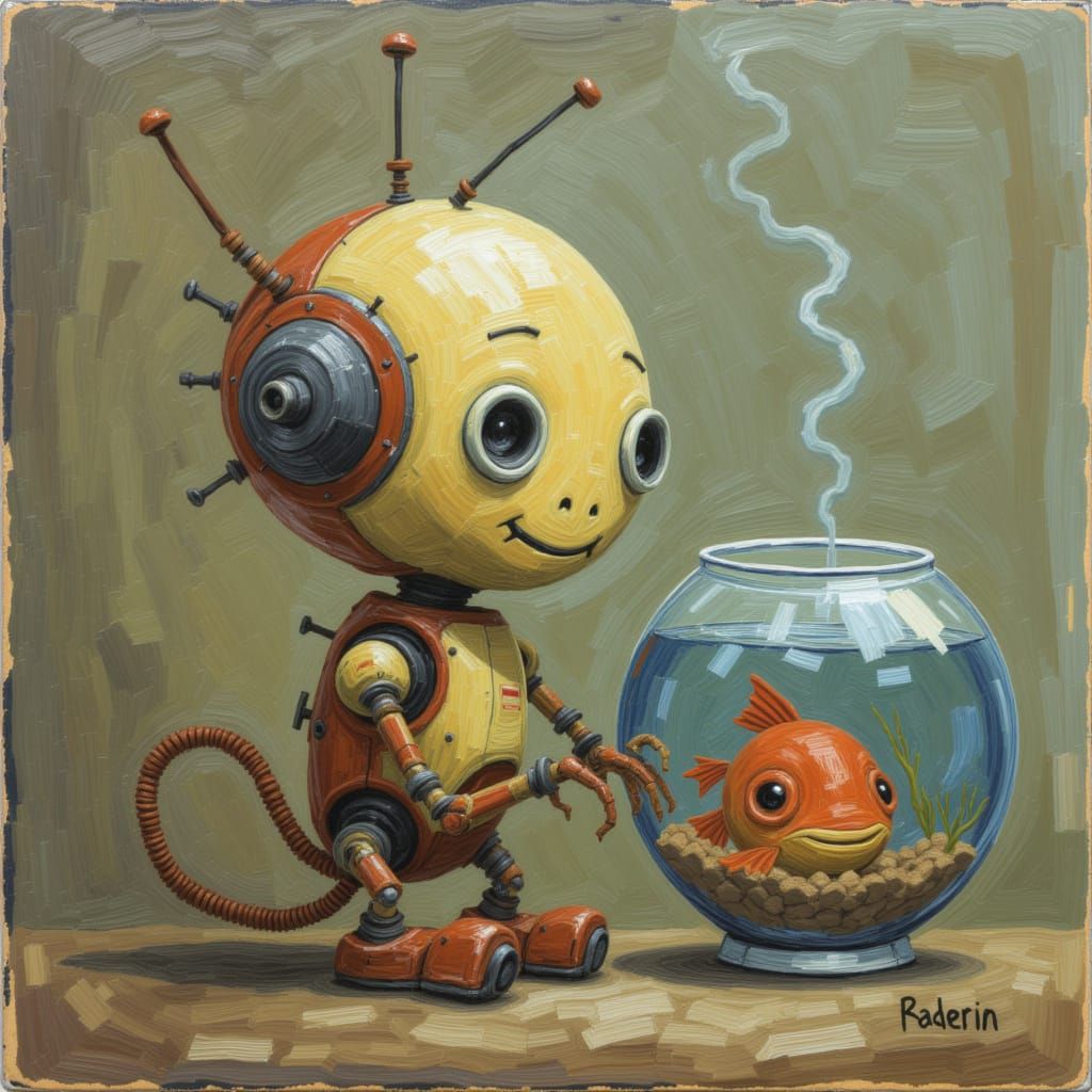 Cute Robot Holding a Fishbowl