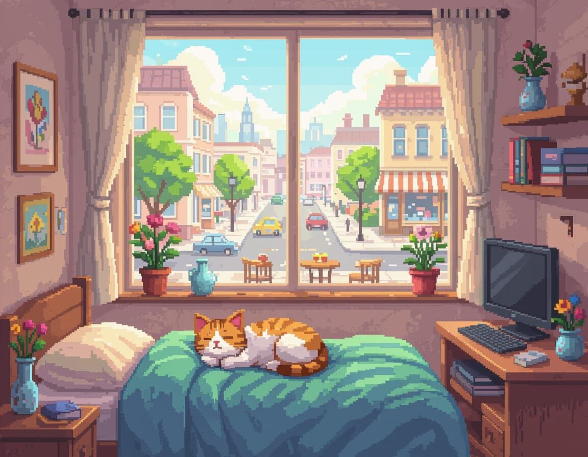 Cozy Pixel Art Bedroom with Sleeping Cat and Pastel City