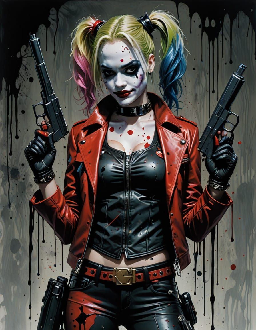 Photorealistic Harley Quinn and Joker Portrait in Dark Ink a...