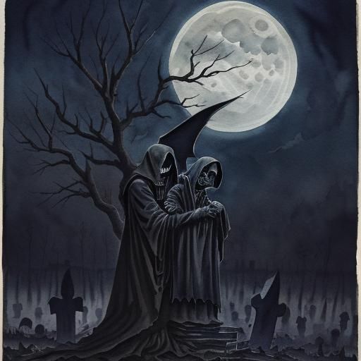 Grim Reaper and Sleeping Woman in Dark Watercolor Art