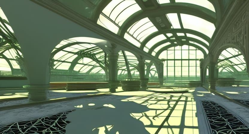 Victorian Glass Greenhouse with Wisteria in Art Nouveau Styl...