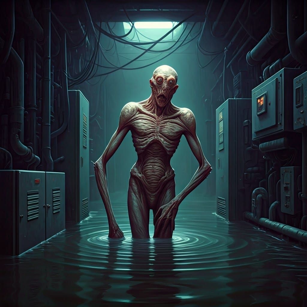 A Creature in a Surreal Flooded Basement Scene