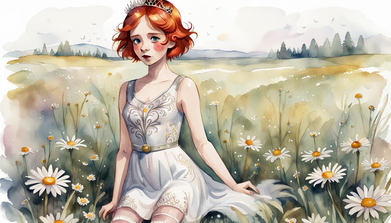 Red-Haired Princess in Daisy Field, Watercolor Cartoon