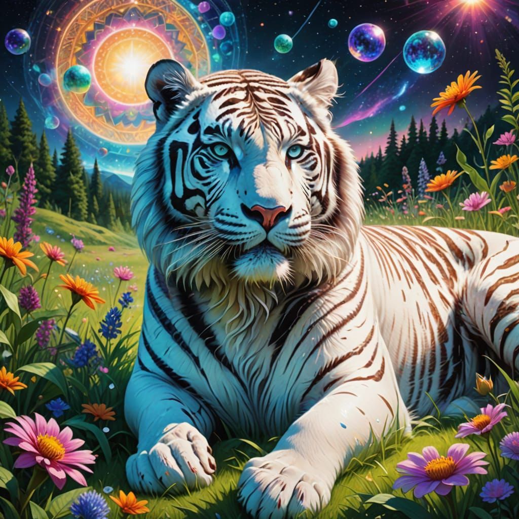 A majestic white tiger, with a luscious, curly coat and sparkling, inquisitive eyes gleaming with playfulness, lounges i...