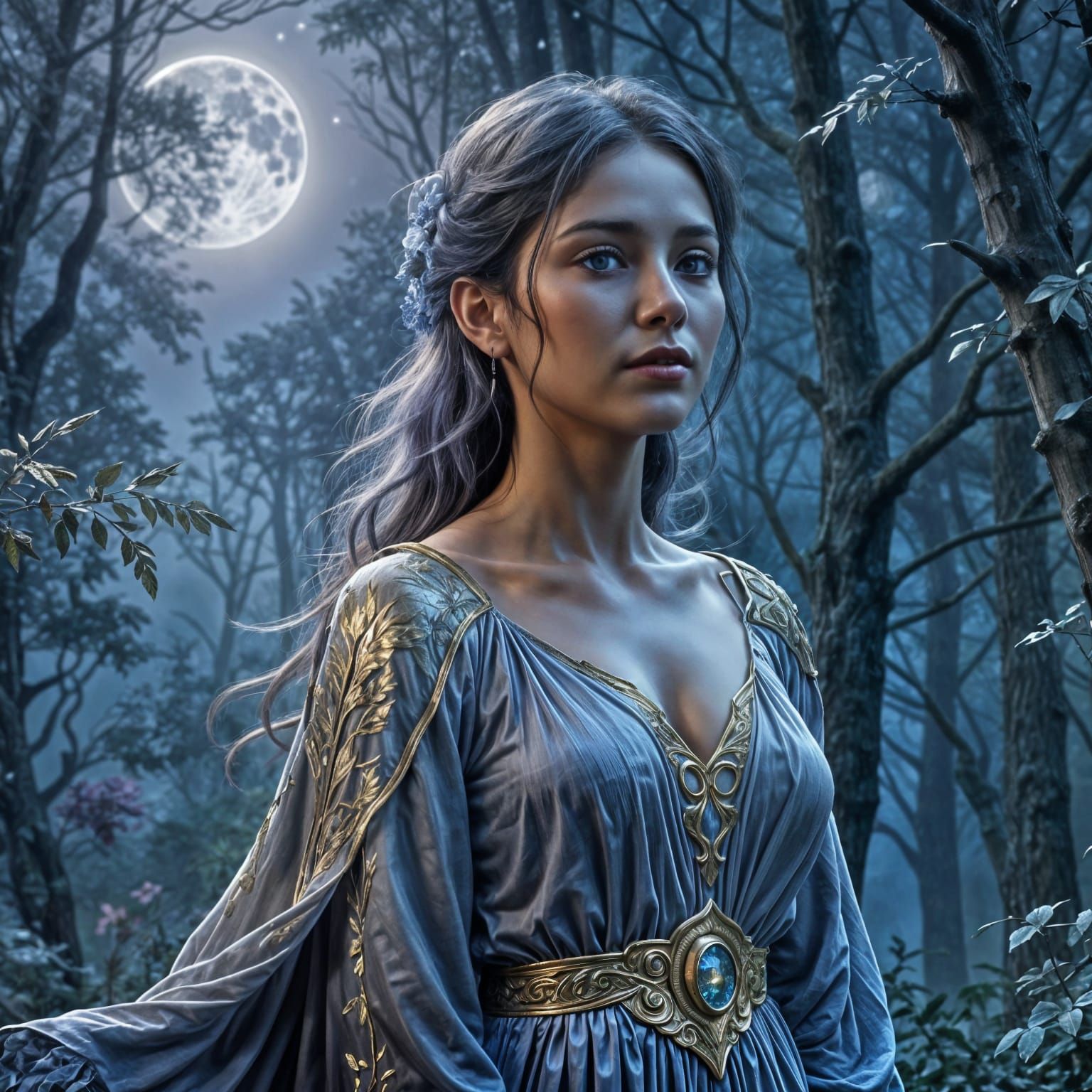 Dreamy Moonlit Woman in Misty Forest: Digital Painting