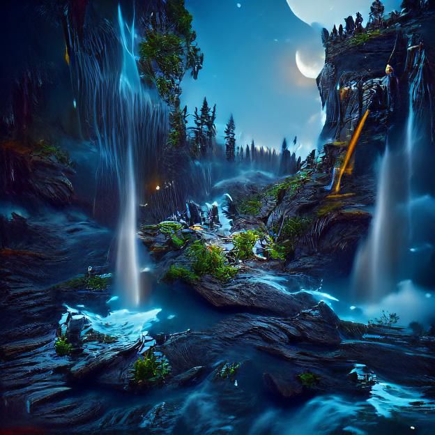 Moonlit Pond: Waterfalls in Fantasy Landscape