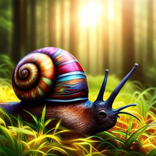 Snail in Sunlit Fairy Forest Illustration