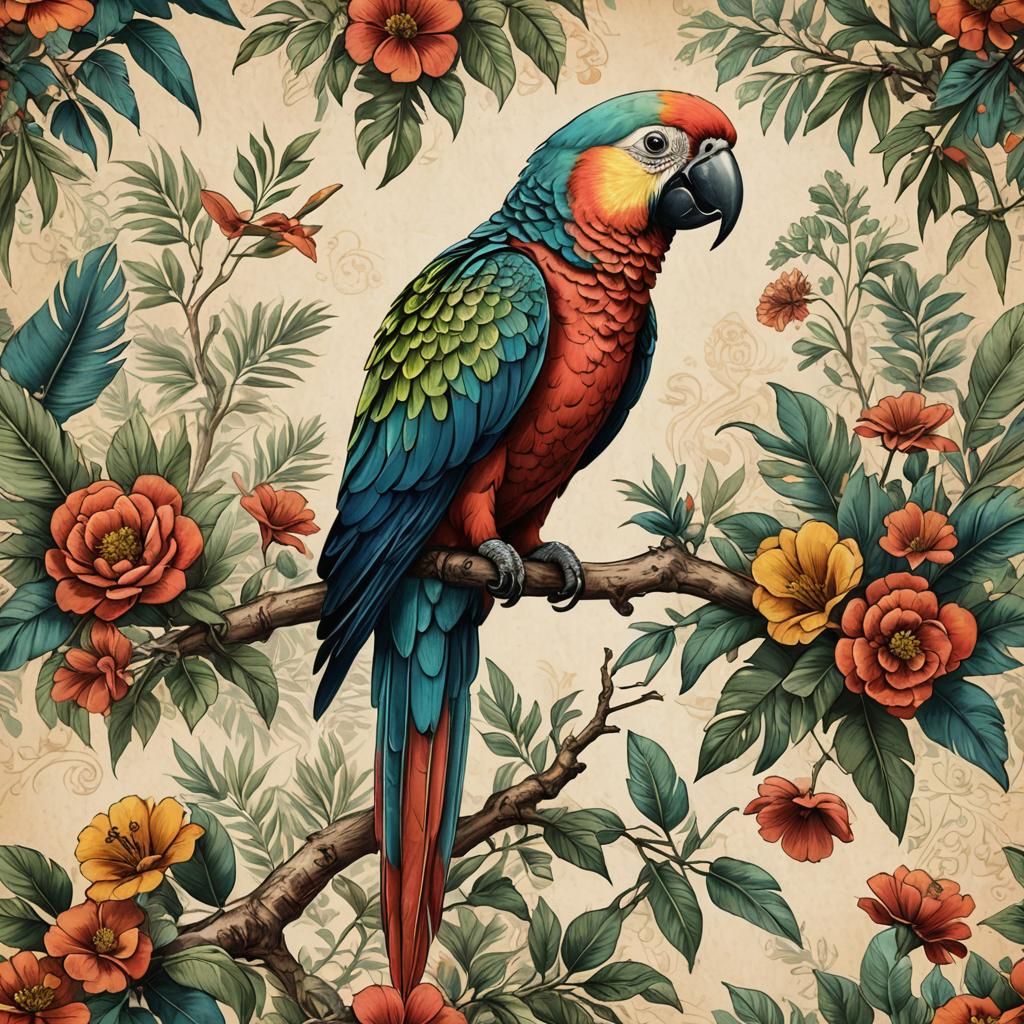"Cute, hand drawn illustration of a beautiful parrot on vintage-antique paper." #1