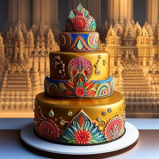 Golden Crystal Birthday Cake: Iridescent Digital Art